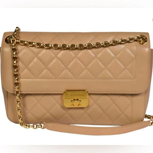 CHANEL beige flap bag with rich gold hardware. Original dust bag & box. - Picture 1 of 9